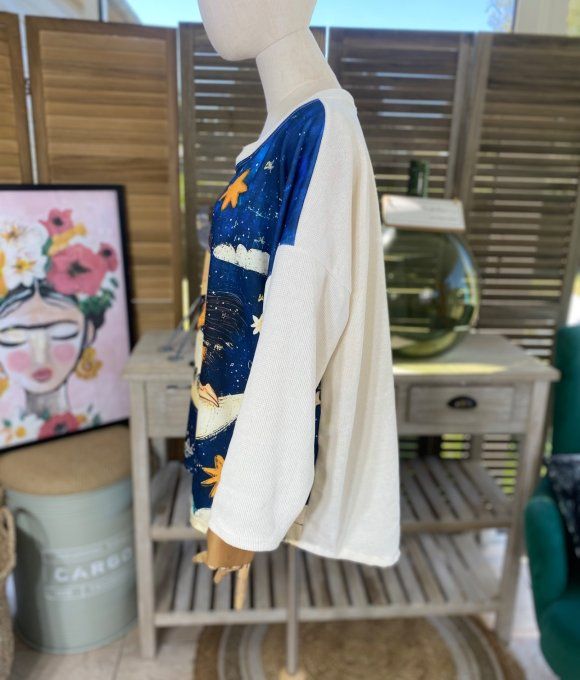 Sweat manches longues satiné et velours crème La Fillette et la Lune du 40 au 50 