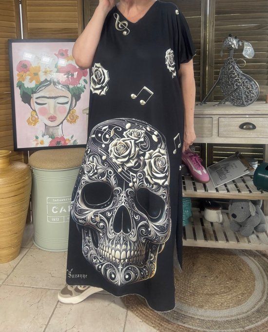 Robe longue noire The Musical Mexican Skulls & Roses du 40 au 50 