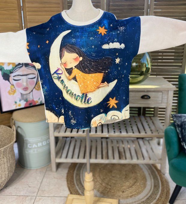 Sweat manches longues satiné et velours crème La Fillette et la Lune du 40 au 50 