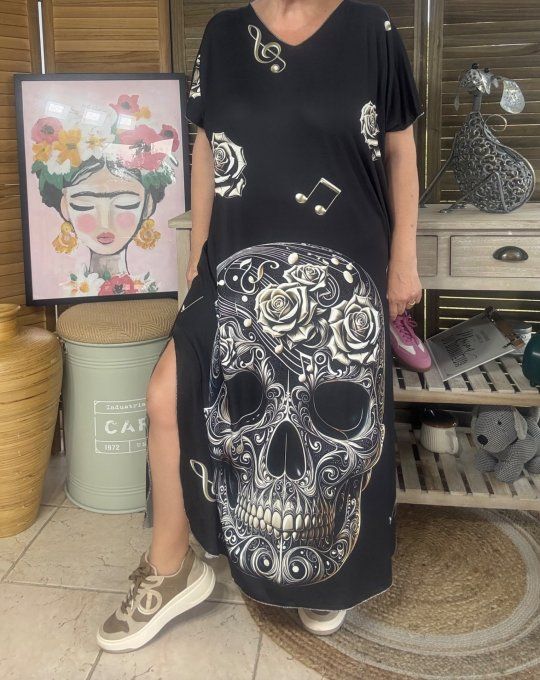 Robe longue noire The Musical Mexican Skulls & Roses du 40 au 50 