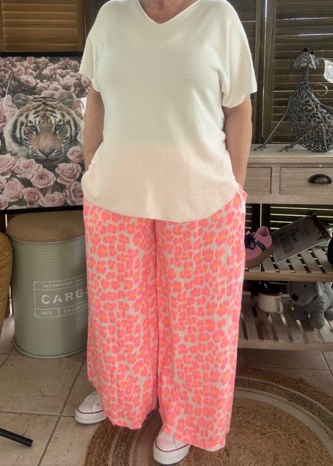 pantalon gaze de coton Léopard rose fluo + orange fluo + blanc douceur ++++ du 42 au 50/52