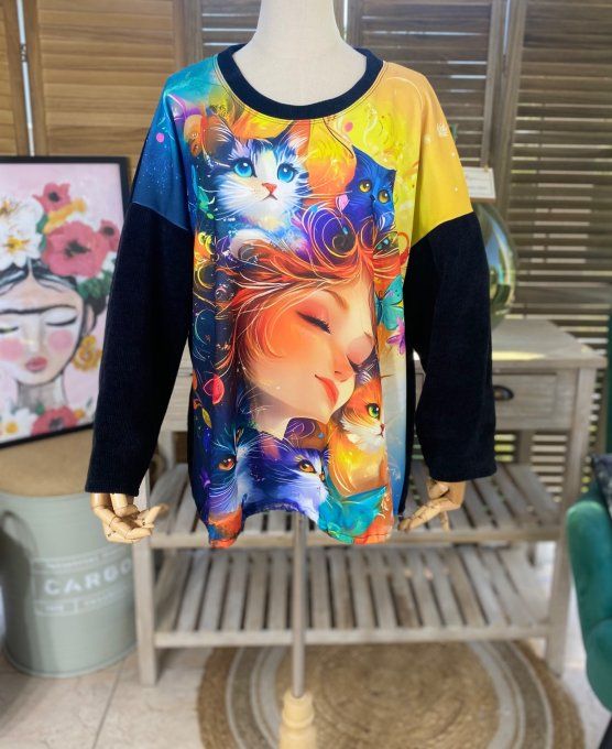 Sweat manches longues satiné et velours noir La Fillette et ses chats du 40 au 50 