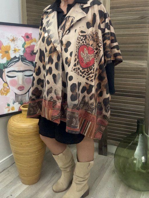 Veste-cape oversize suédine Léopard Frida Kahlo revisitée TOUTES TAILLES jusqu'au 60