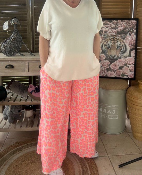 pantalon gaze de coton Léopard rose fluo + orange fluo + blanc douceur ++++ du 42 au 50/52