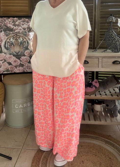 pantalon gaze de coton Léopard rose fluo + orange fluo + blanc douceur ++++ du 42 au 50/52
