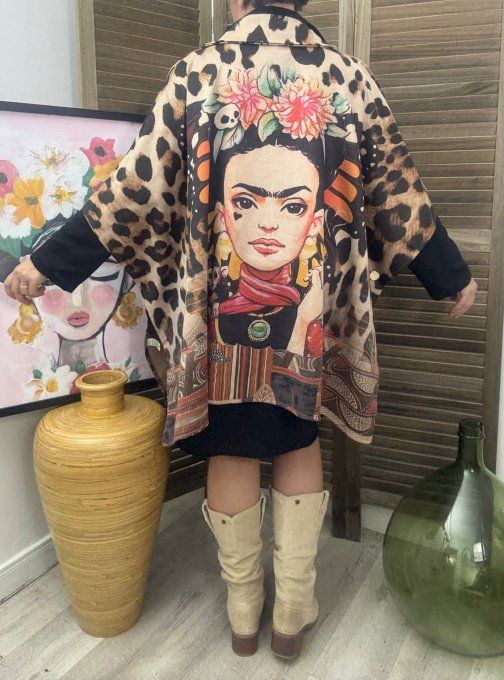 Veste-cape oversize suédine Léopard Frida Kahlo revisitée TOUTES TAILLES jusqu'au 60