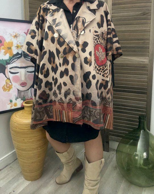 Veste-cape oversize suédine Léopard Frida Kahlo revisitée TOUTES TAILLES jusqu'au 60