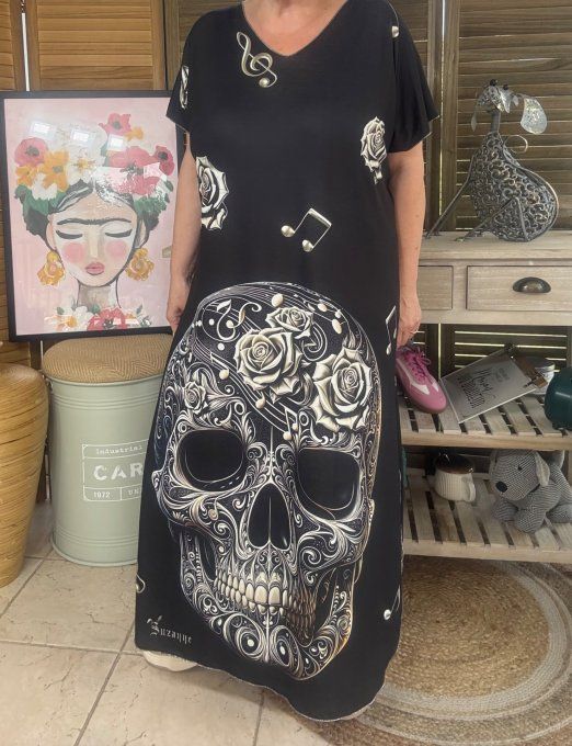 Robe longue noire The Musical Mexican Skulls & Roses du 40 au 50 