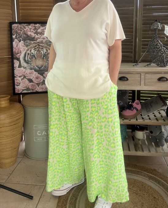 pantalon gaze de coton Léopard vert fluo + jaune fluo + blanc douceur ++++ du 42 au 50/52