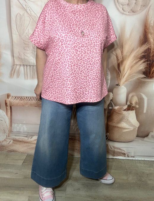 Sweat ample manches courtes Léopard Vieux Rose & Rose poudré du 40 au 50/52