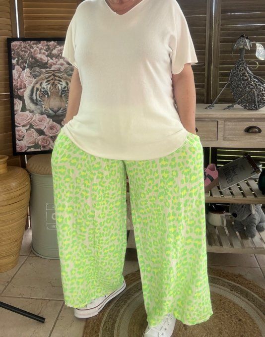 pantalon gaze de coton Léopard vert fluo + jaune fluo + blanc douceur ++++ du 42 au 50/52