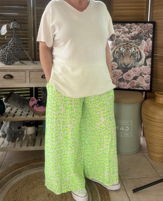 pantalon gaze de coton Léopard vert fluo + jaune fluo + blanc douceur ++++ du 42 au 50/52