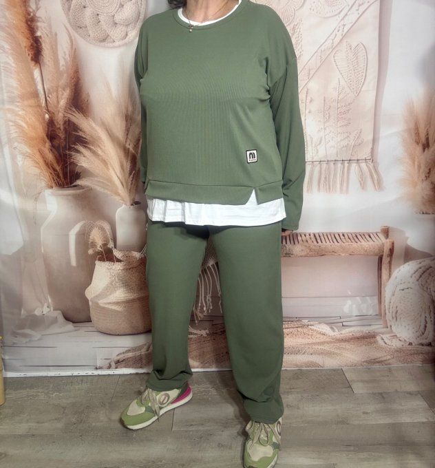 Ensemble pantalon + sweat finement côtelé Kaki confort +++ du 38 au 48 