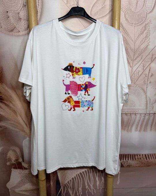 Tee-shirt oversize coton crème imprimé Le Trio de Teckel Fashion douceur +++ du 40 au 52/54
