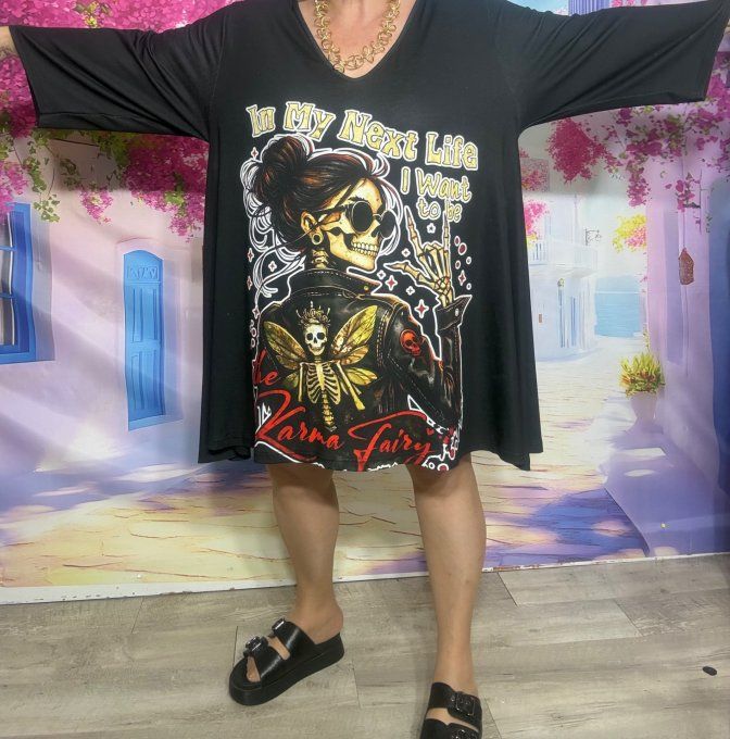 Robe trapèze courte noire ou maxi-tunique Skulls Calaveras Rock Angel du 42 au 56
