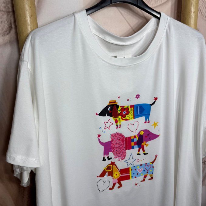 Tee-shirt oversize coton crème imprimé Le Trio de Teckel Fashion douceur +++ du 40 au 52/54