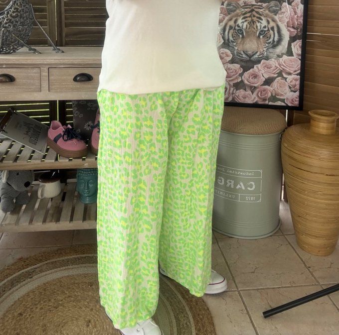 pantalon gaze de coton Léopard vert fluo + jaune fluo + blanc douceur ++++ du 42 au 50/52