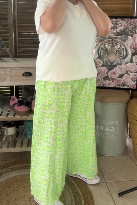 pantalon gaze de coton Léopard vert fluo + jaune fluo + blanc douceur ++++ du 42 au 50/52