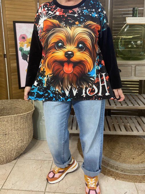 Sweat manches longues satiné et velours noir Mon adorable Yorkshire du 40 au 50 