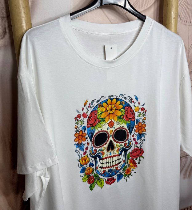 Tee-shirt oversize coton crème imprimé Mexican Skulls Calavera douceur +++ du 40 au 52/54