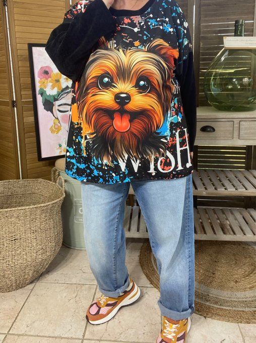 Sweat manches longues satiné et velours noir Mon adorable Yorkshire du 40 au 50 