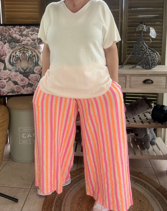 pantalon gaze de coton rayé rose fluo + orange fluo + blanc douceur ++++ du 42 au 50/52