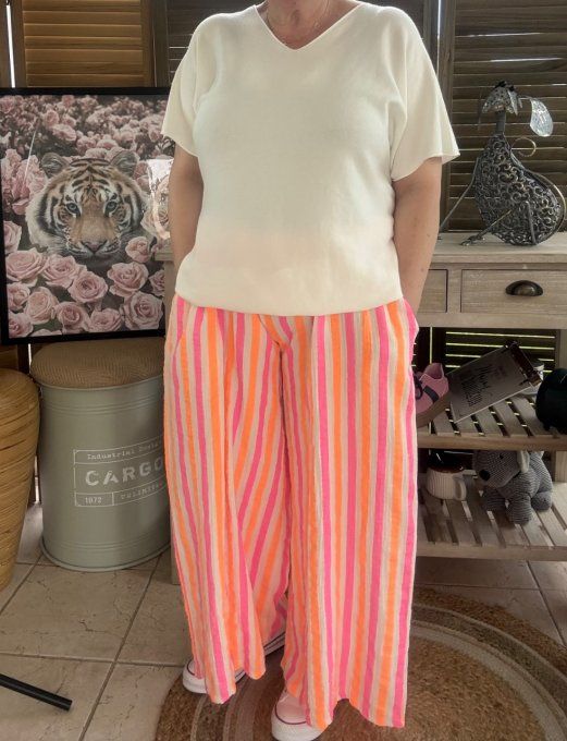 pantalon gaze de coton rayé rose fluo + orange fluo + blanc douceur ++++ du 42 au 50/52