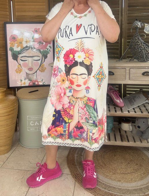 Robe mi-longue blanche Frida Kahlo Viva la Vida du 36 au 46