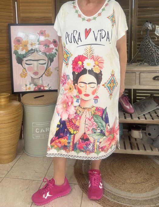 Robe mi-longue blanche Frida Kahlo Viva la Vida du 36 au 46