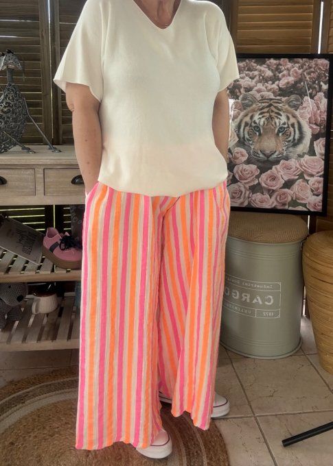 pantalon gaze de coton rayé rose fluo + orange fluo + blanc douceur ++++ du 42 au 50/52