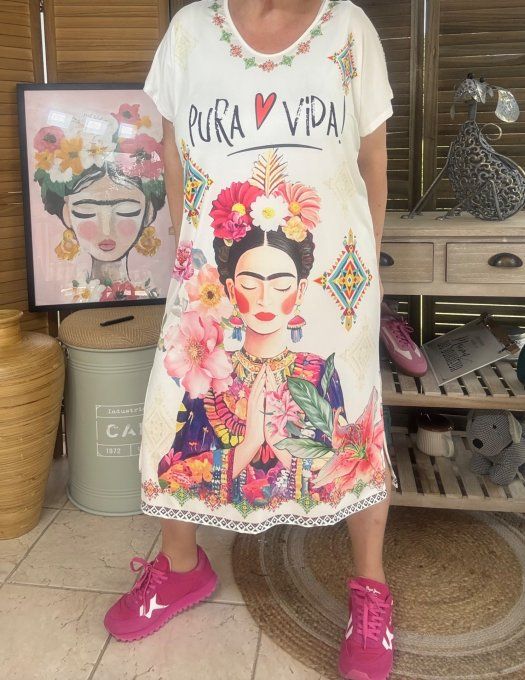 Robe mi-longue blanche Frida Kahlo Viva la Vida du 36 au 46