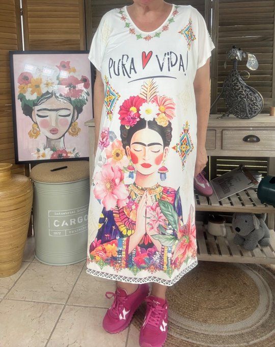 Robe mi-longue blanche Frida Kahlo Viva la Vida du 36 au 46