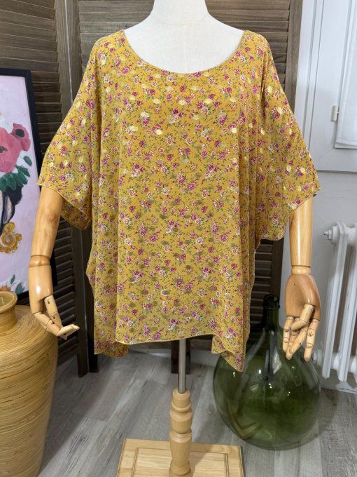 Tunique voile doublée ample moutarde Fleurs Liberty Bulles dorées du 40 au 50/52 