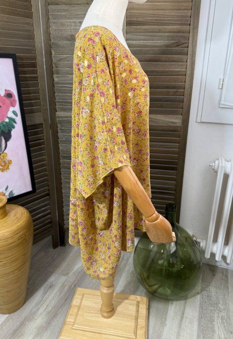 Tunique voile doublée ample moutarde Fleurs Liberty Bulles dorées du 40 au 50/52 