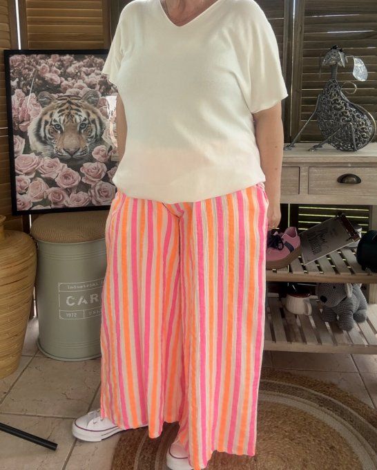 pantalon gaze de coton rayé rose fluo + orange fluo + blanc douceur ++++ du 42 au 50/52