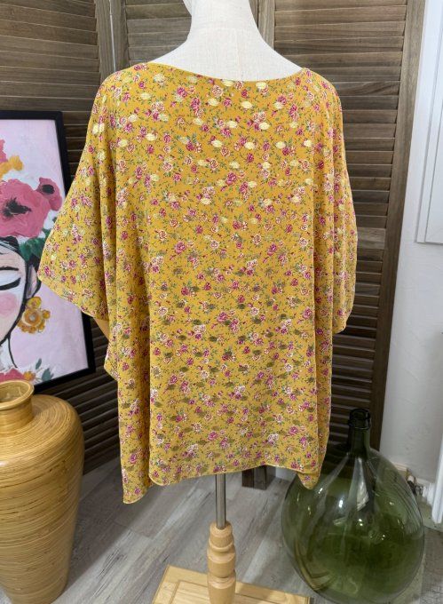 Tunique voile doublée ample moutarde Fleurs Liberty Bulles dorées du 40 au 50/52 