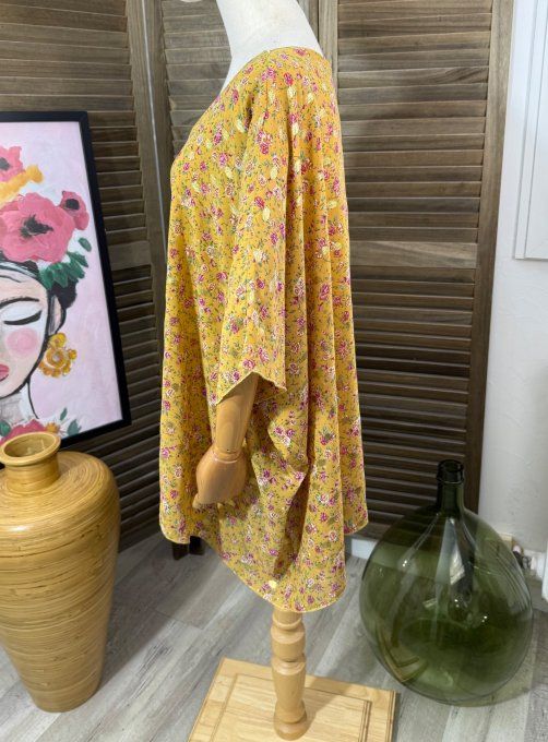 Tunique voile doublée ample moutarde Fleurs Liberty Bulles dorées du 40 au 50/52 