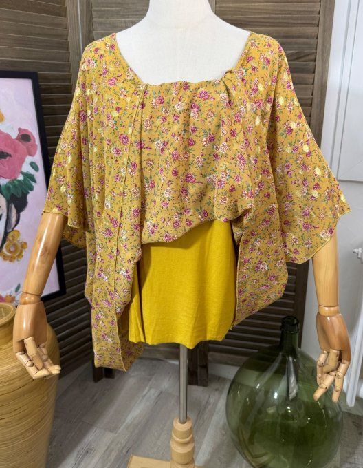 Tunique voile doublée ample moutarde Fleurs Liberty Bulles dorées du 40 au 50/52 