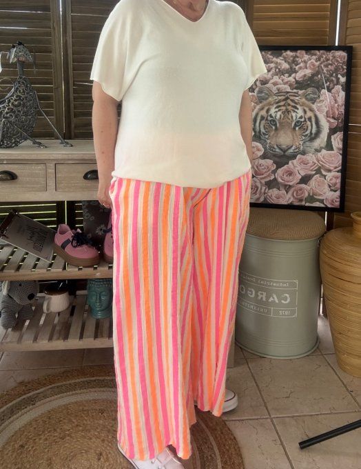 pantalon gaze de coton rayé rose fluo + orange fluo + blanc douceur ++++ du 42 au 50/52