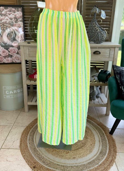 pantalon gaze de coton rayé vert fluo + jaune fluo + blanc douceur ++++ du 42 au 50/52