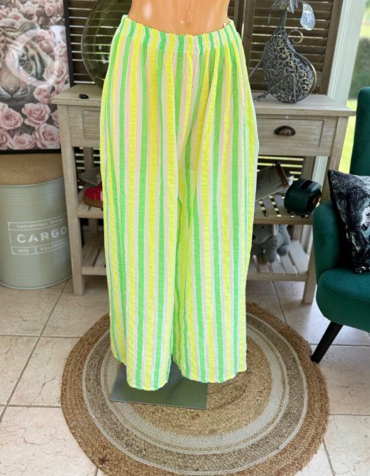 pantalon gaze de coton rayé vert fluo + jaune fluo + blanc douceur ++++ du 42 au 50/52