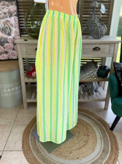 pantalon gaze de coton rayé vert fluo + jaune fluo + blanc douceur ++++ du 42 au 50/52