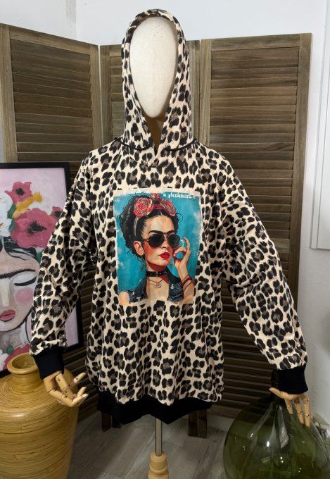 Sweat fin à capuche Léopard beige Frida Kahlo du 38 au 50/52