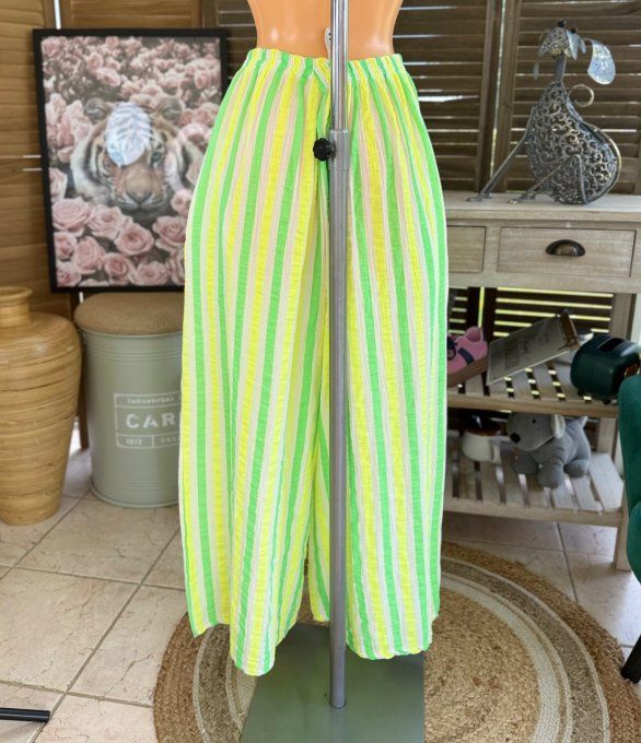 pantalon gaze de coton rayé vert fluo + jaune fluo + blanc douceur ++++ du 42 au 50/52