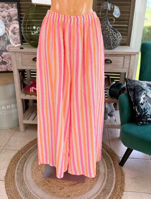 pantalon gaze de coton rayé rose fluo + orange fluo + blanc douceur ++++ du 42 au 50/52
