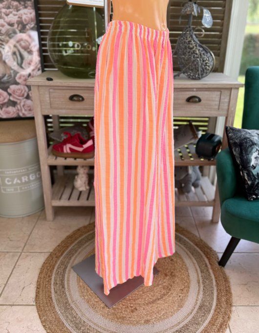pantalon gaze de coton rayé rose fluo + orange fluo + blanc douceur ++++ du 42 au 50/52