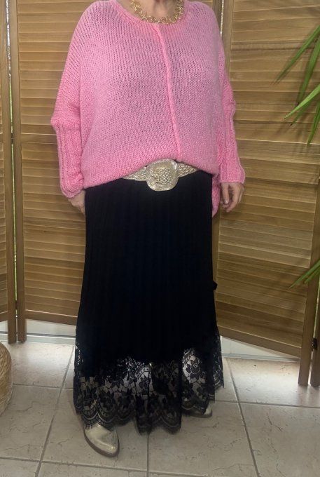 Jupe longue plissée noire et dentelle chic + ceinture satinée du 40 au 50