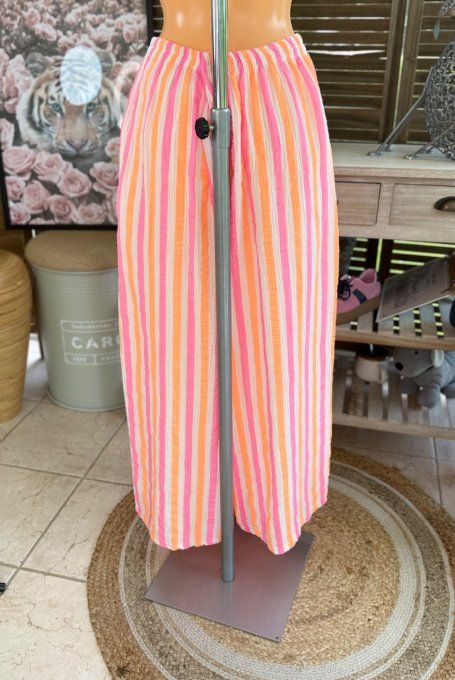 pantalon gaze de coton rayé rose fluo + orange fluo + blanc douceur ++++ du 42 au 50/52
