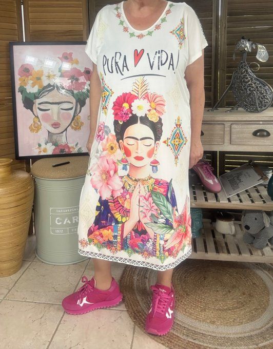 Robe mi-longue blanche Frida Kahlo Viva la Vida du 36 au 46
