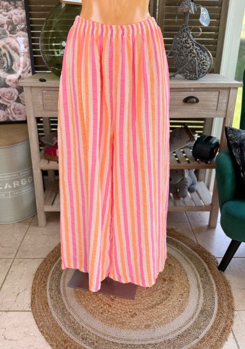pantalon gaze de coton rayé rose fluo + orange fluo + blanc douceur ++++ du 42 au 50/52